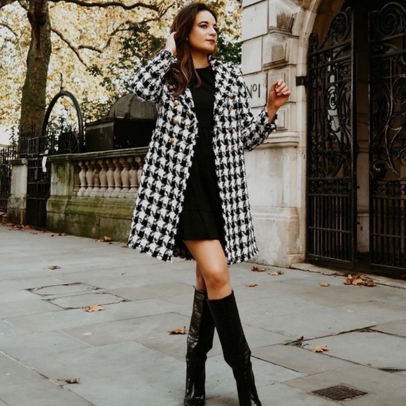 NWT Luxury Minimalist Zara Houndstooth Tweed Fringe Double Breasted Coat - Picture 7 of 17